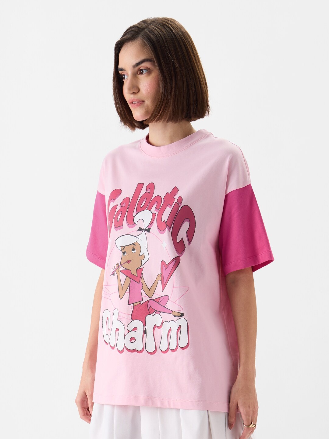 

The Souled Store The Jetsons Printed Drop-Shoulder Sleeves Oversized Cotton T-shirt, Pink