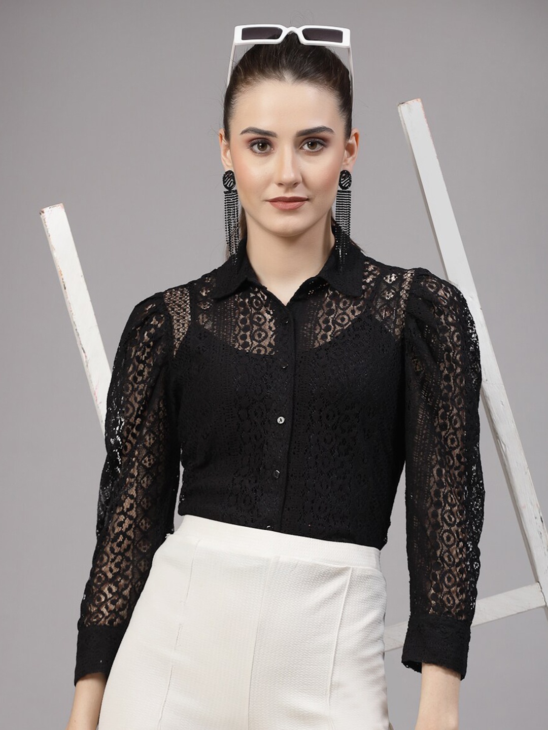 

Style Quotient Black Smart Semi Sheer Casual Shirt