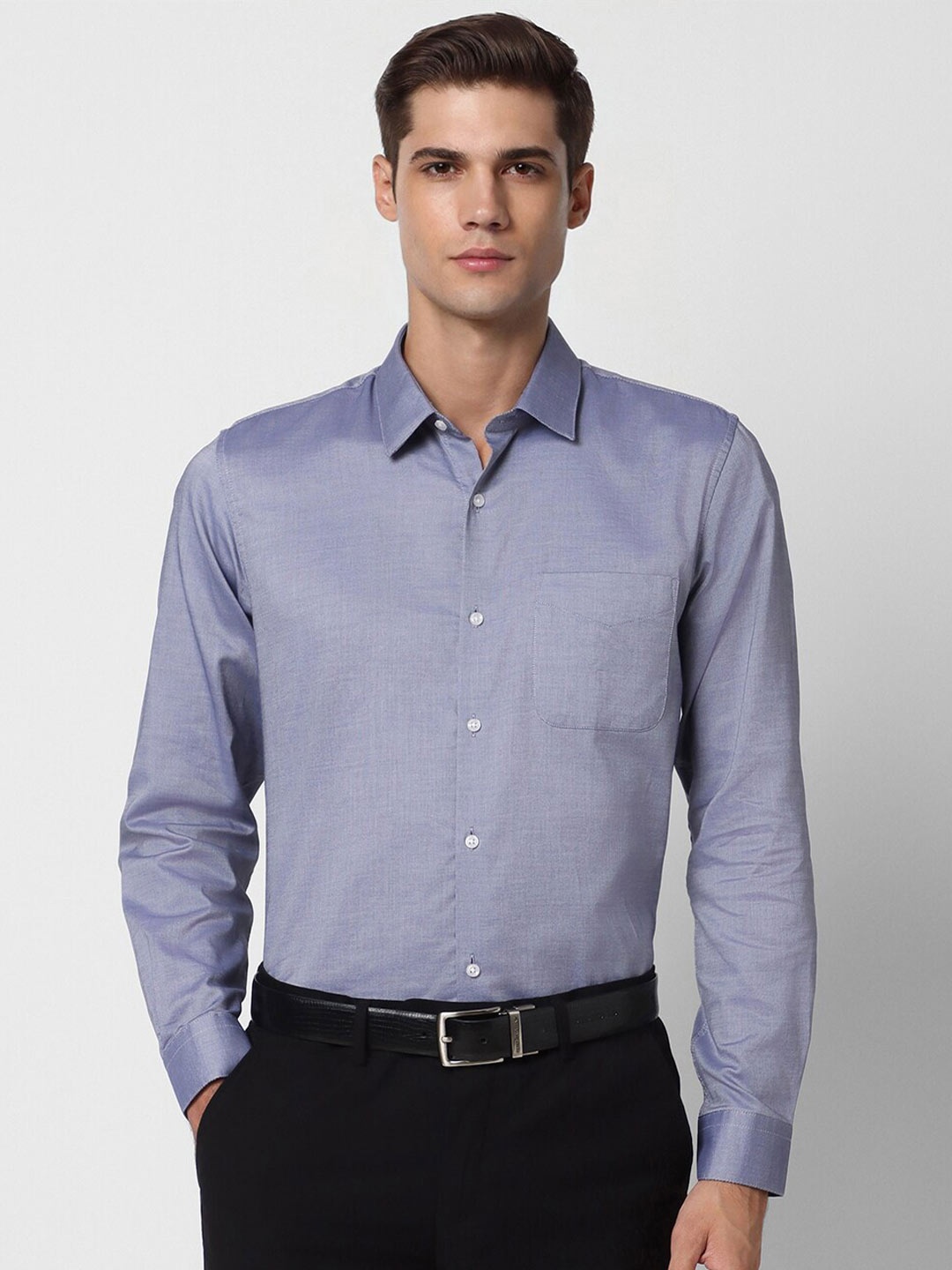 

Peter England Spread Collar Long Sleeve Pocket Slim Fit Cotton Formal Shirt, Purple