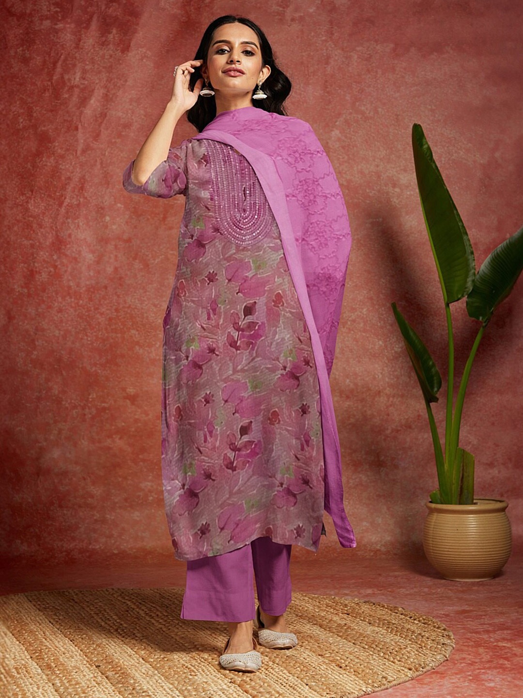 

Libas Floral Printed Unstitched Dress Material, Pink