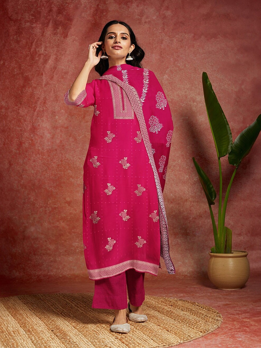 

Libas Magenta Ethnic Motifs Woven Design Organza Unstitched Dress Material