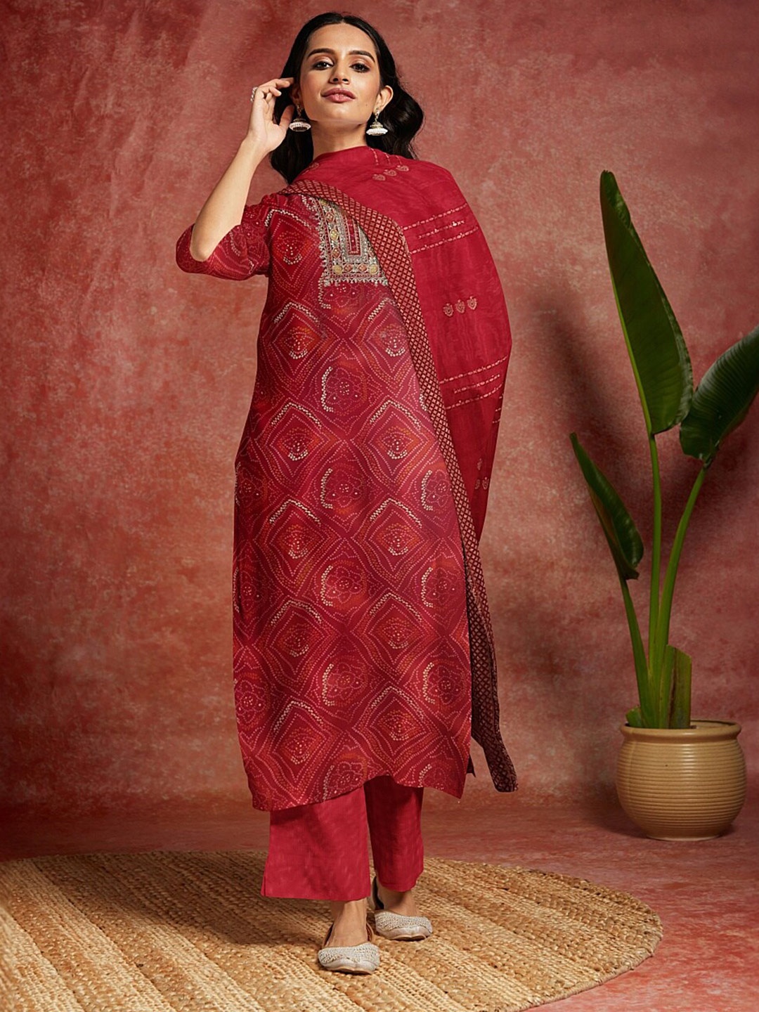 

Libas Bandini Printed Pure Cotton Unstitched Dress Material, Red