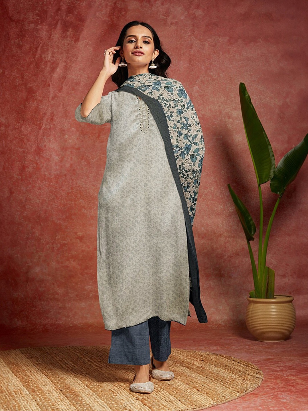 

Libas Floral Printed Mirror Work Organza Unstitched Dress Material, Grey