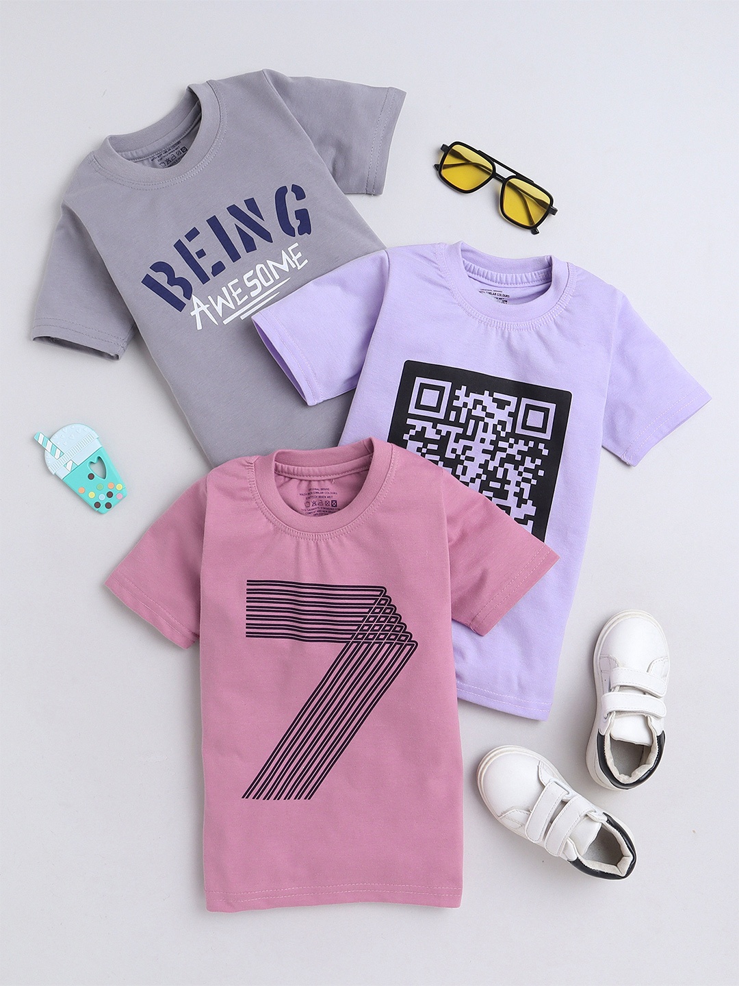 BAESD Boys Pack of 3 Printed Round Neck Cotton T-shirts, Pink