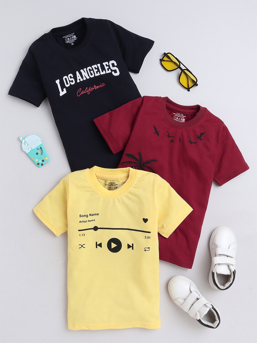 

BAESD Boys Pack of 3 Printed Round Neck Cotton T-shirts, Yellow