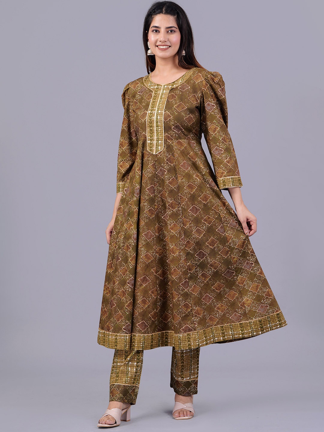 

JAIPURI COLLECTION Green Ethnic Motif Printed Pure Cotton Anarkali Kurta with Trousers