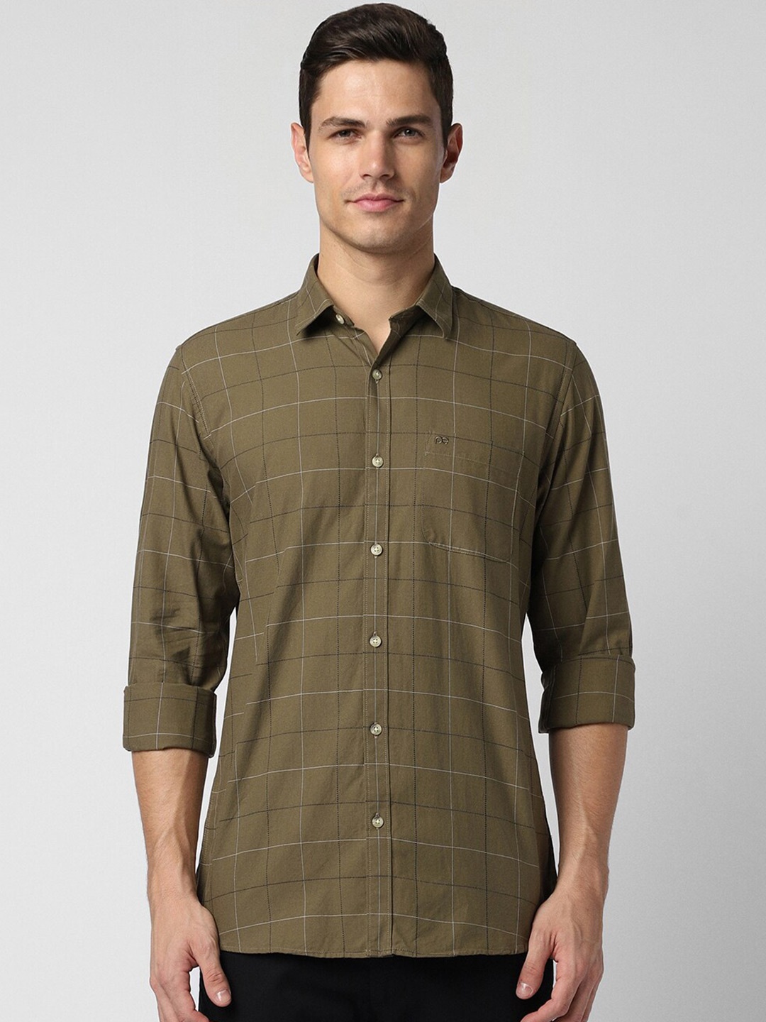 

Peter England Casuals Slim Fit Checked Pure Cotton Casual Shirt, Olive