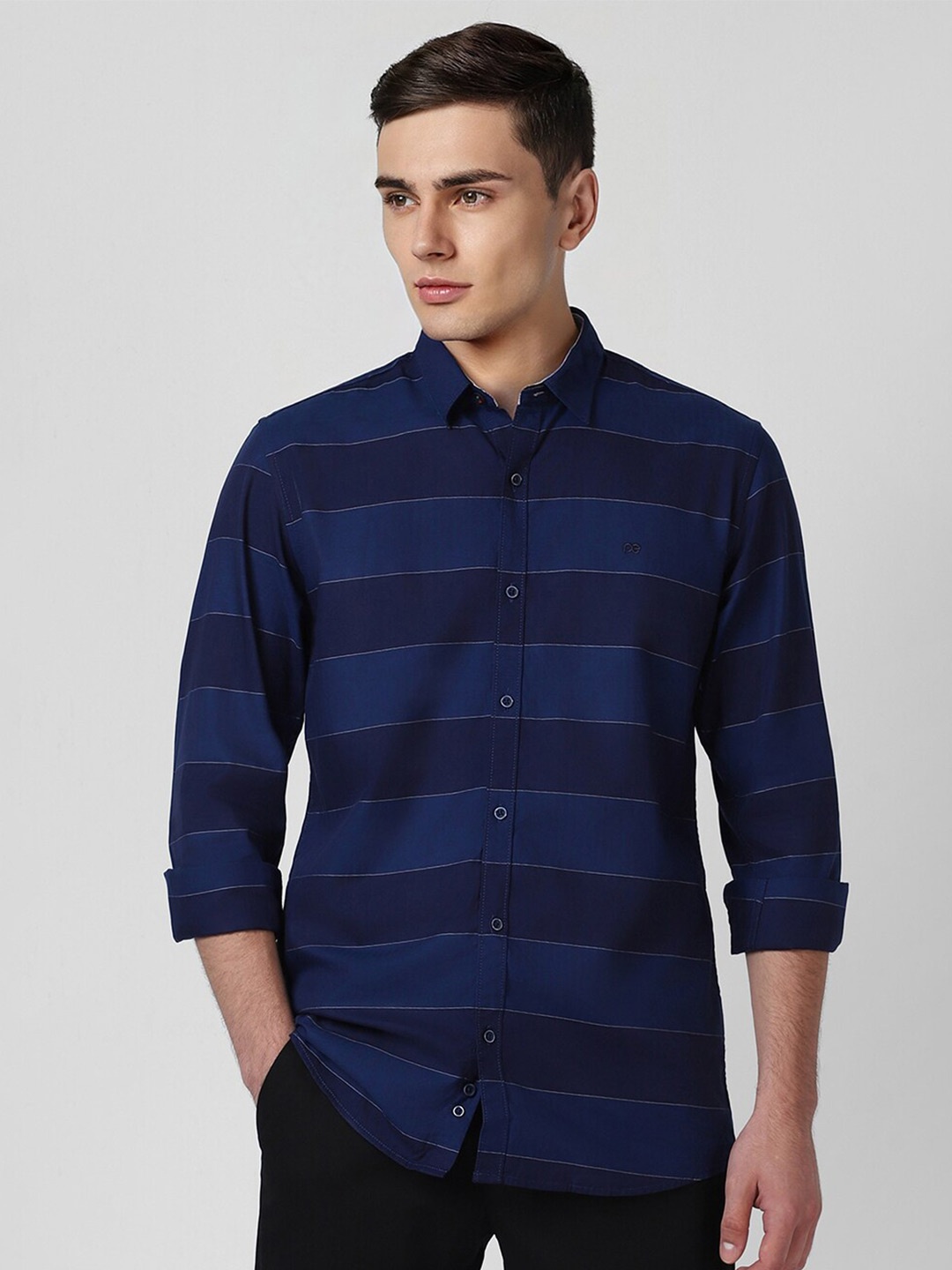

Peter England Casuals Slim Fit Horizontal Stripes Striped Pure Cotton Casual Shirt, Navy blue