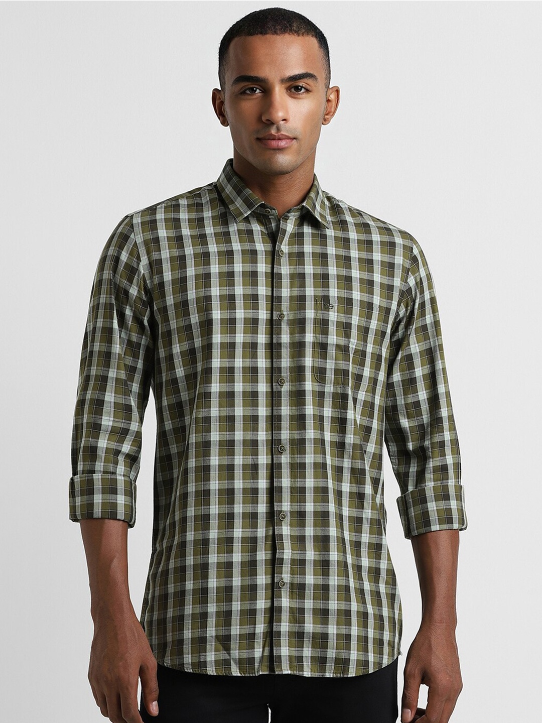 

Peter England Casuals Slim Fit Checked Pure Cotton Casual Shirt, Olive