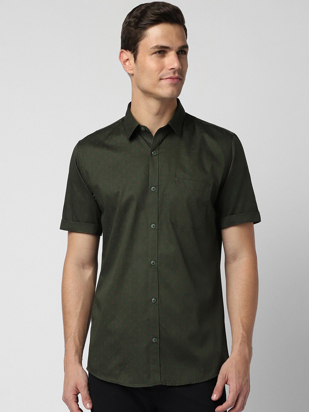 

Peter England Casuals Slim Fit Short Sleeves Pure Cotton Casual Shirt, Olive