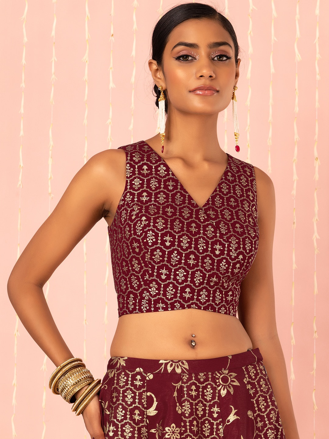 

INDYA X NIKHIL THAMPI Foil Printed Wrap Top, Maroon
