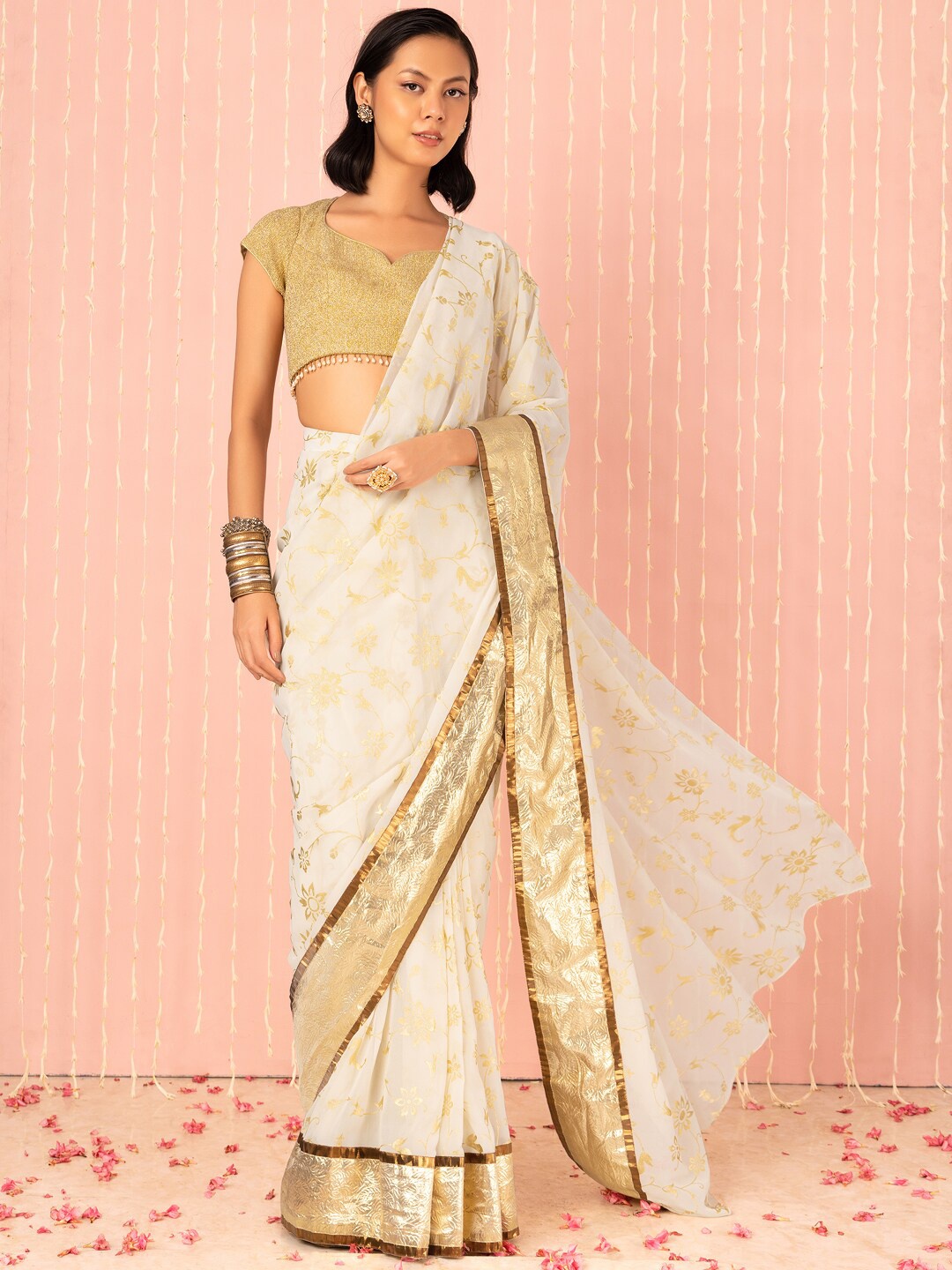 

INDYA X NIKHIL THAMPI Foil Printed Pre-Stitched Saree, White