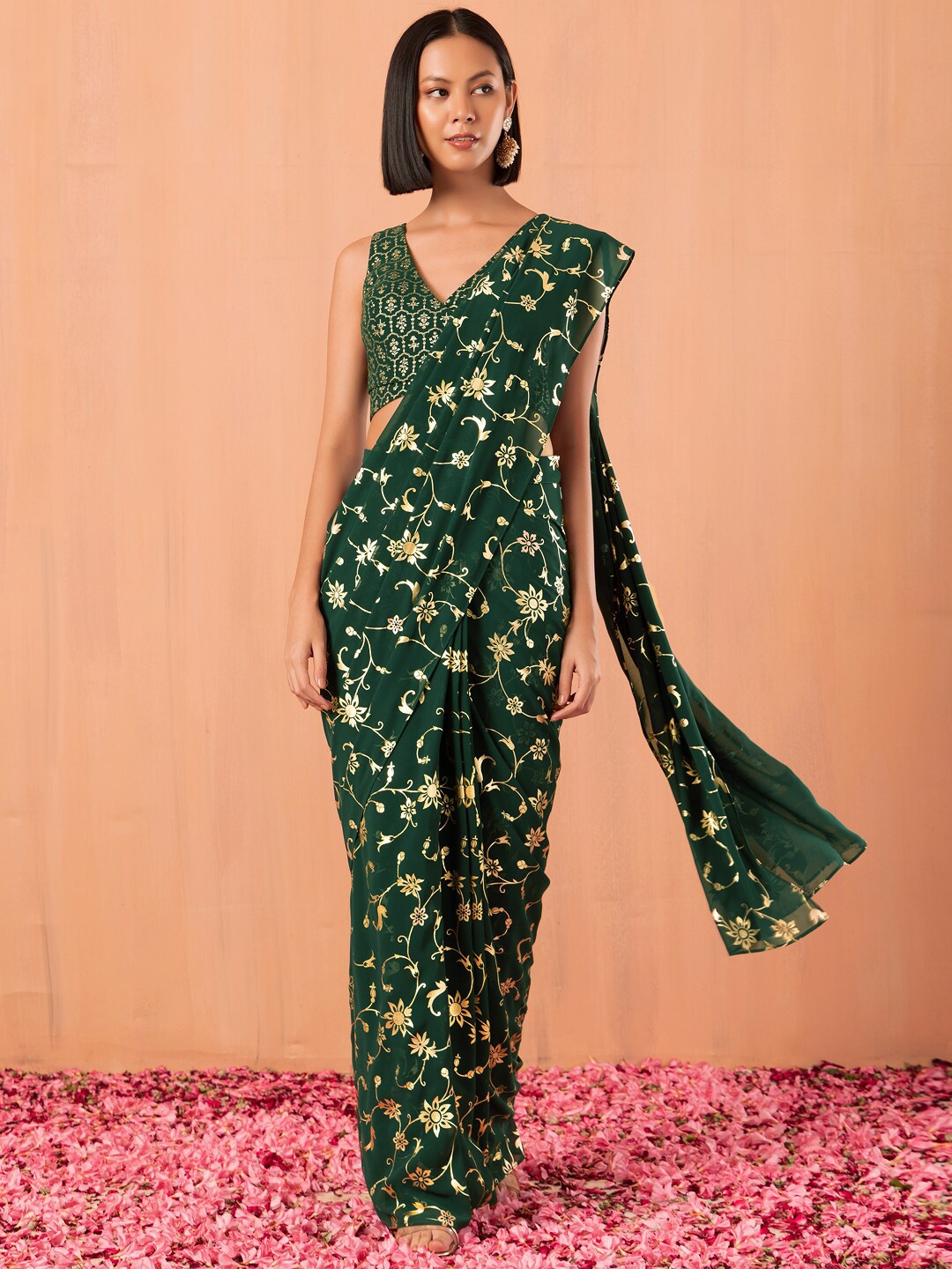 

INDYA Indya X NIKHIL THAMPI Foil Printed Pre-Stitched Saree, Green