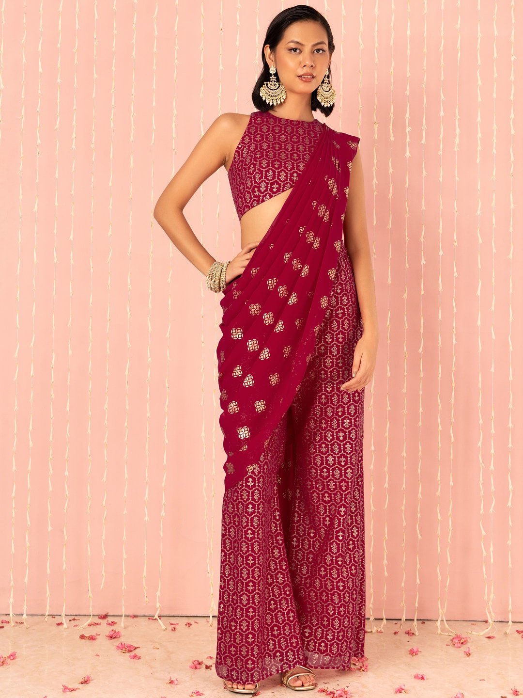 

INDYA X NIKHIL THAMPI Foil Printed Top With Pants And Detachable Drape, Maroon