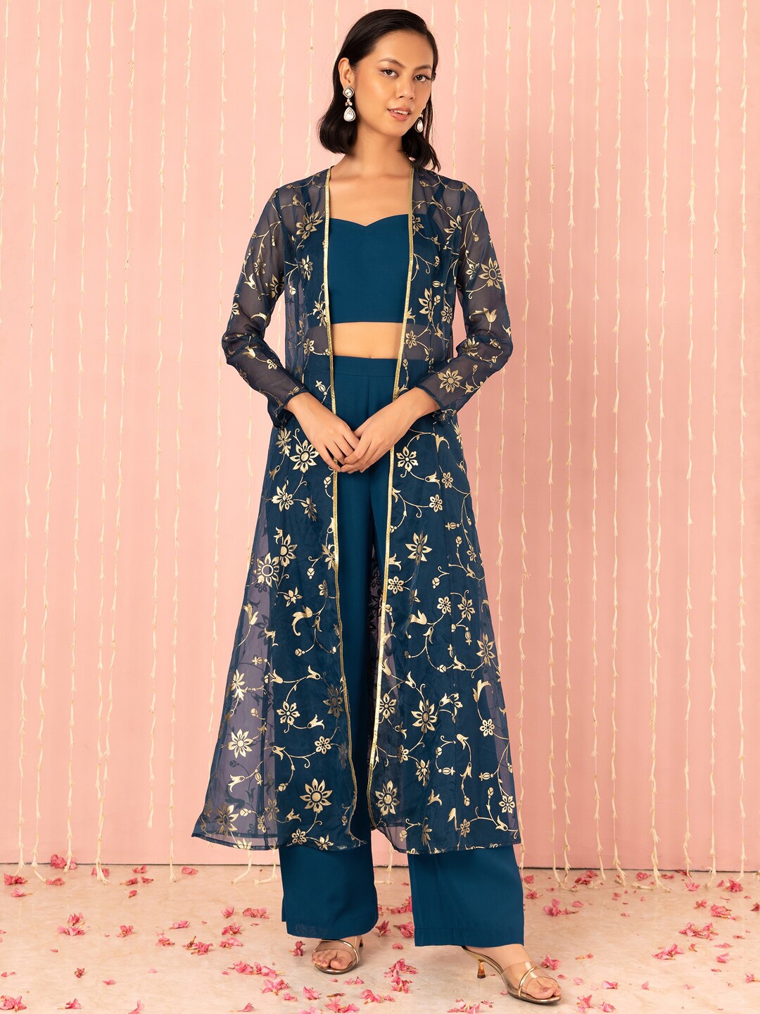 

INDYA X NIKHIL THAMPI Top & Trousers Co-Ords With Printed Shrug, Blue