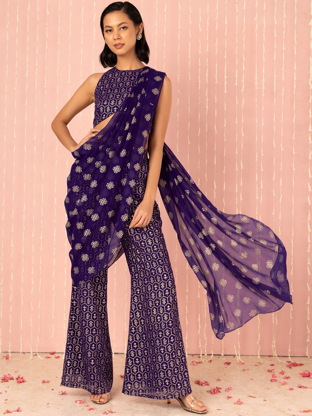 

Indya X NIKHIL THAMPI Ethnic Motifs Foil Print Top & Trousers With Dupatta, Purple