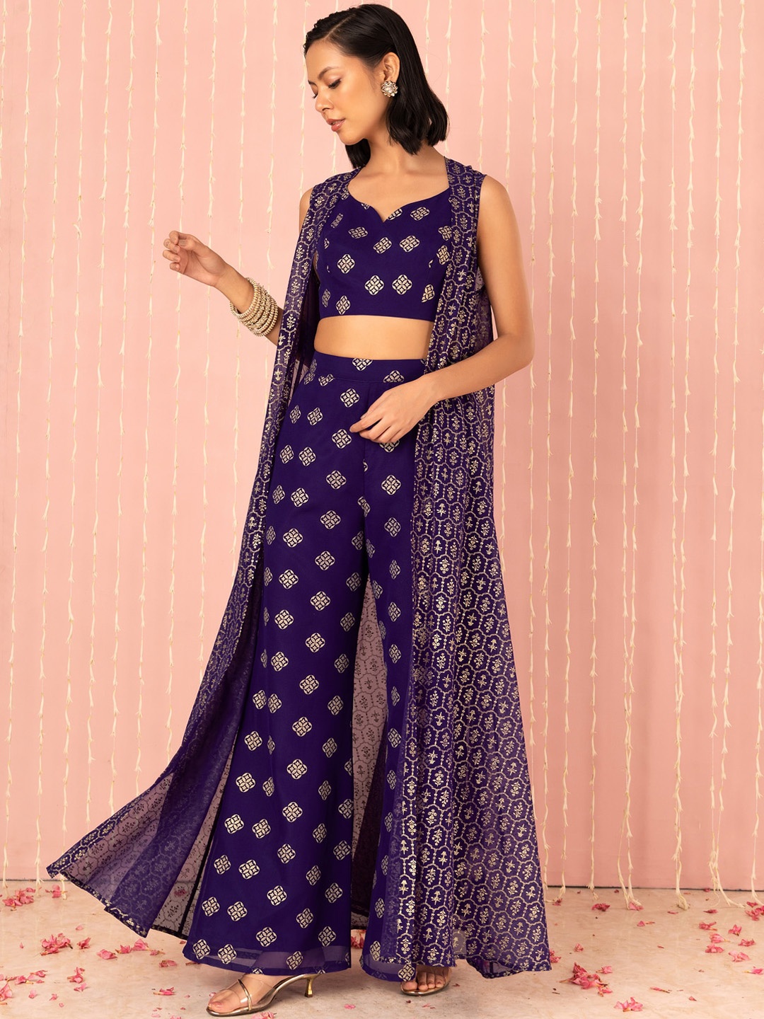 

Indya X NIKHIL THAMPI Foil Printed Jacket With Top & Pants, Purple