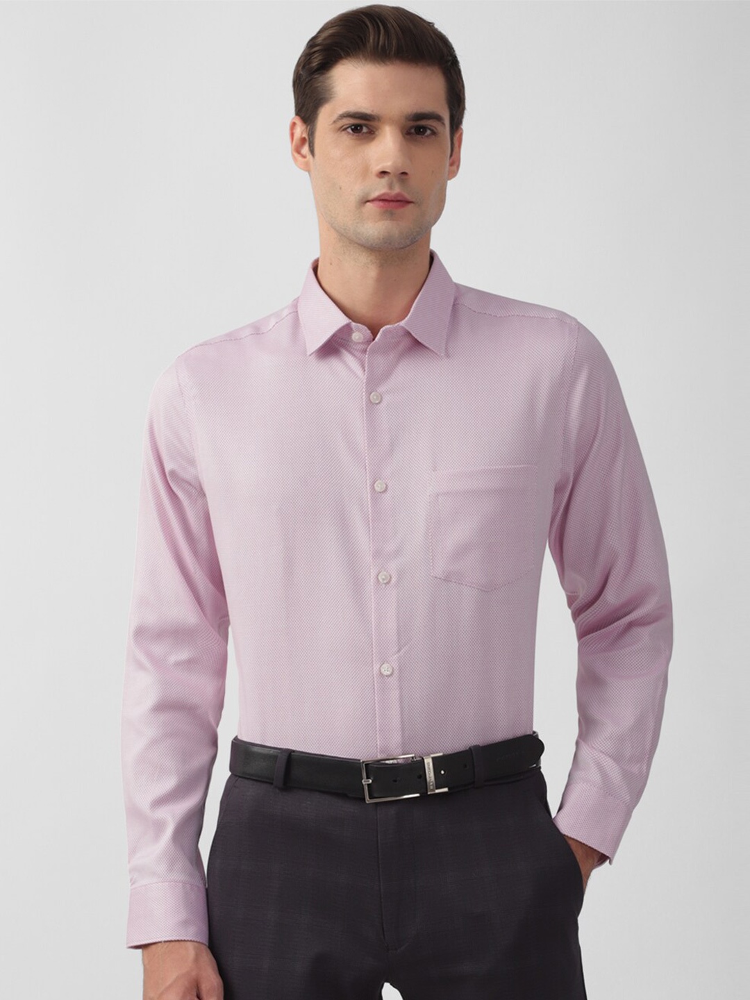 

Peter England Elite Slim Fit Textured Self Design Spread Collar Cotton Formal Shirt, Pink