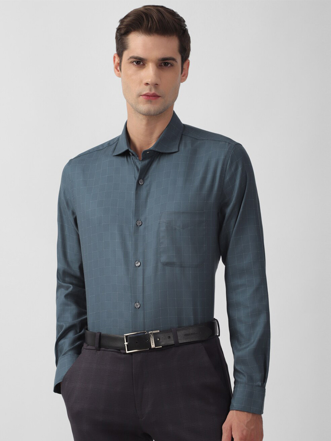 

Peter England Elite Slim Fit Windowpane Checks Spread Collar Cotton Formal Shirt, Blue