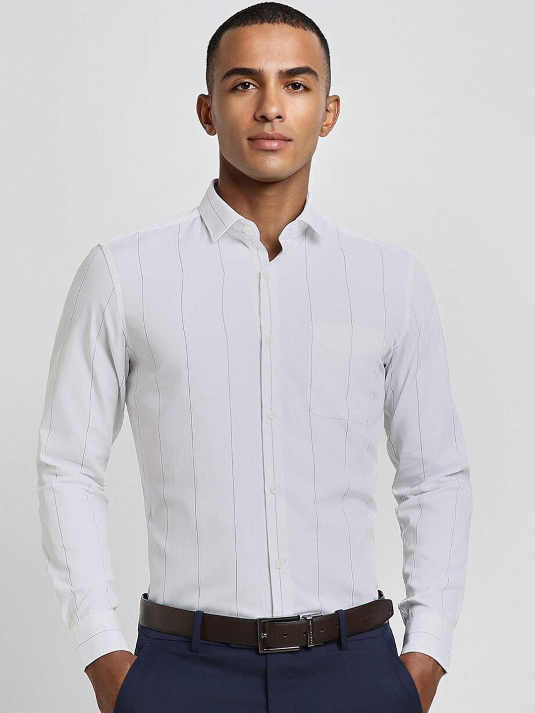 

Peter England Elite Slim Fit Striped Spread Collar Cotton Formal Shirt, White
