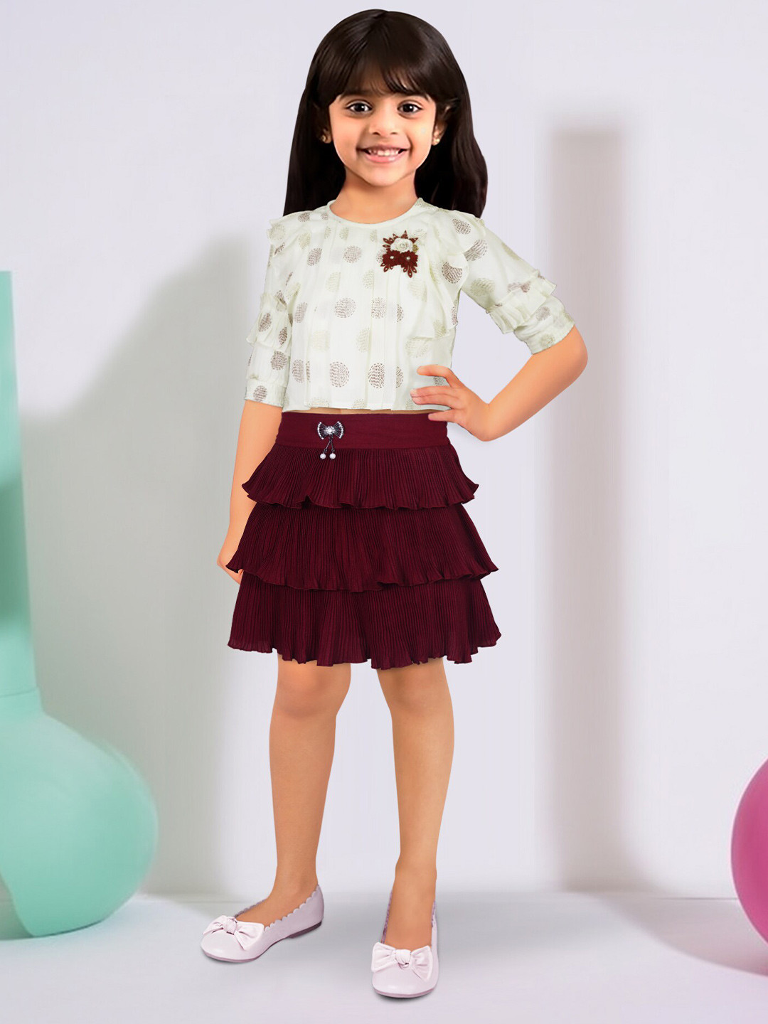 

Toonyport Infant Girls Printed Top with Skirt, White