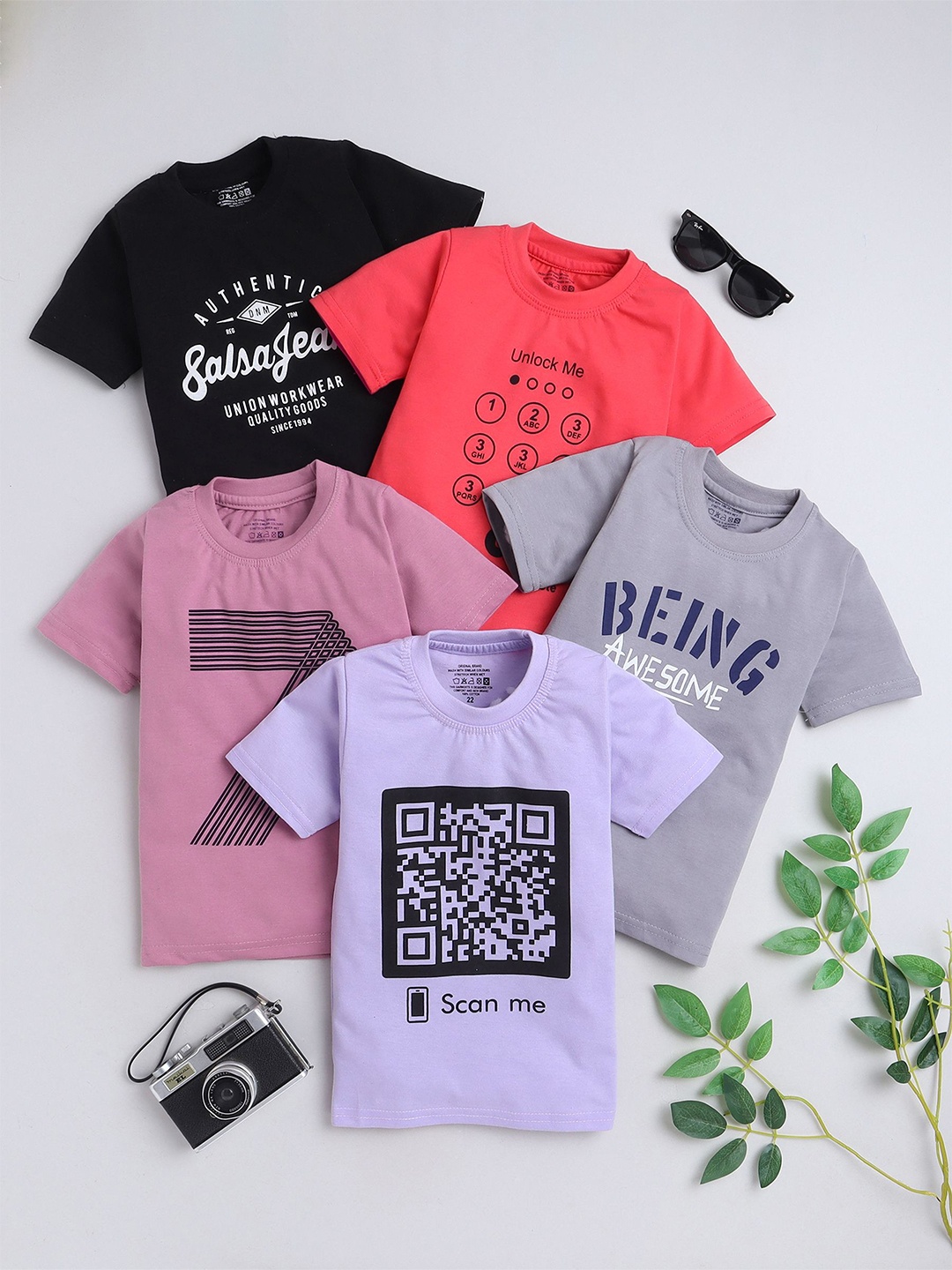 

BAESD Boys Pack Of 5 Typography Printed Cotton T-shirt, Purple