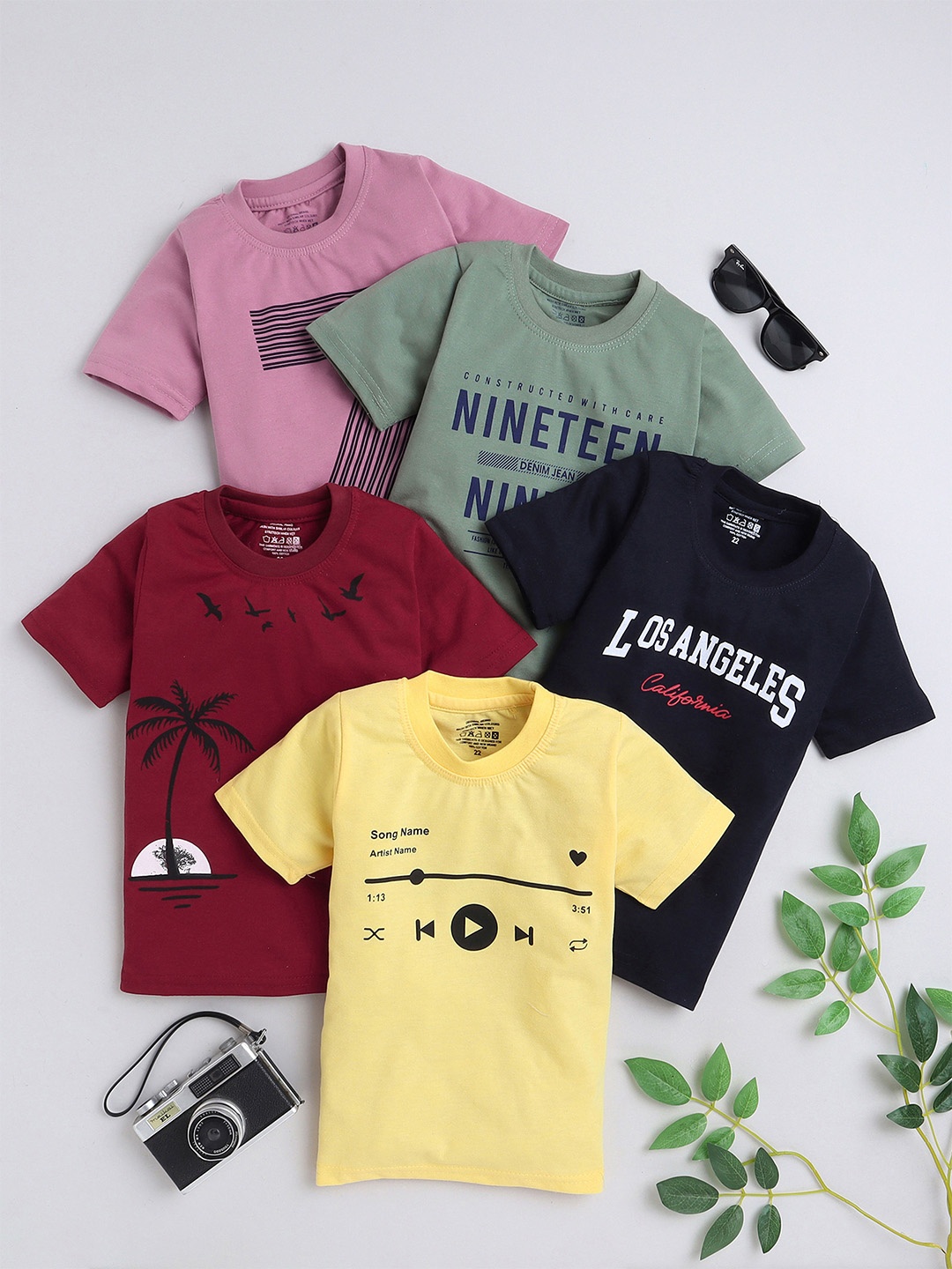 

BAESD Boys Pack of 5 Printed Round Neck Cotton T-shirts, Yellow