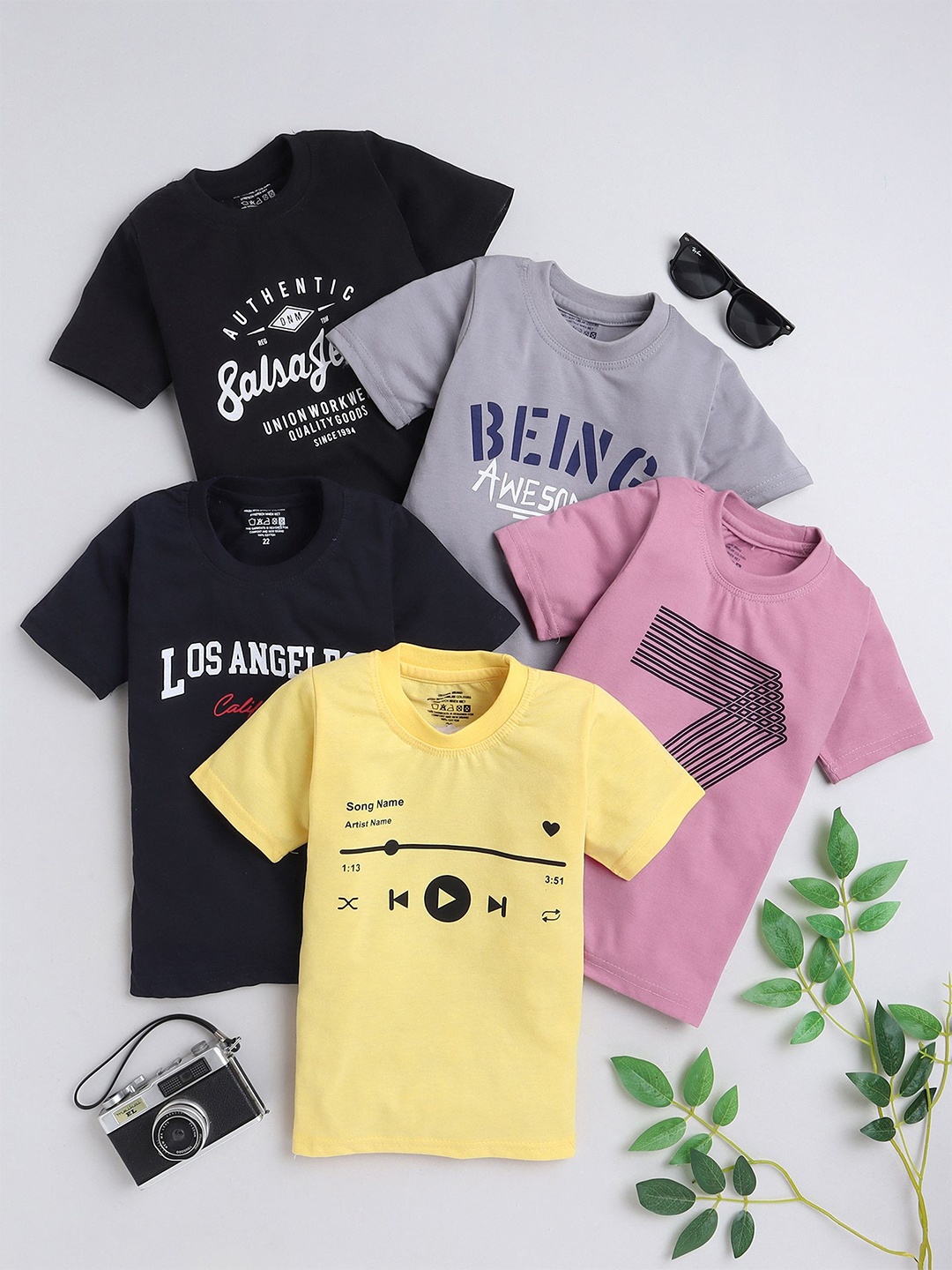 BAESD Boys Pack Of 5 Typography Printed Cotton T-shirt, Grey