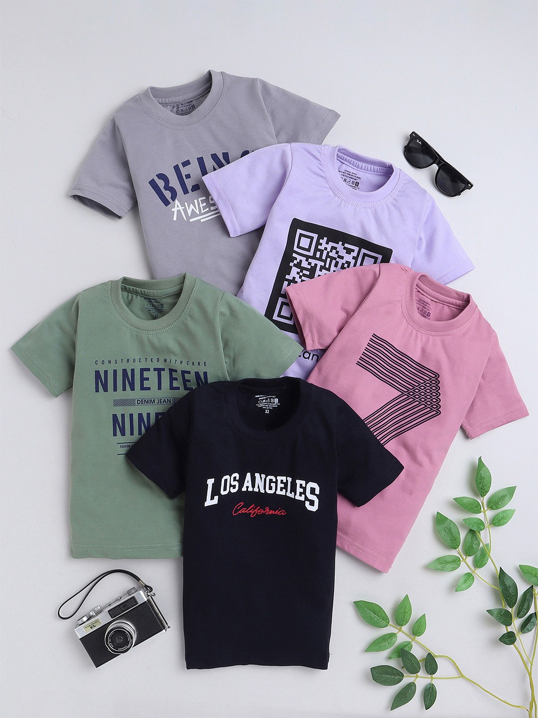 

BAESD Boys Pack Of 5 Typography Printed Cotton T-shirt, Navy blue