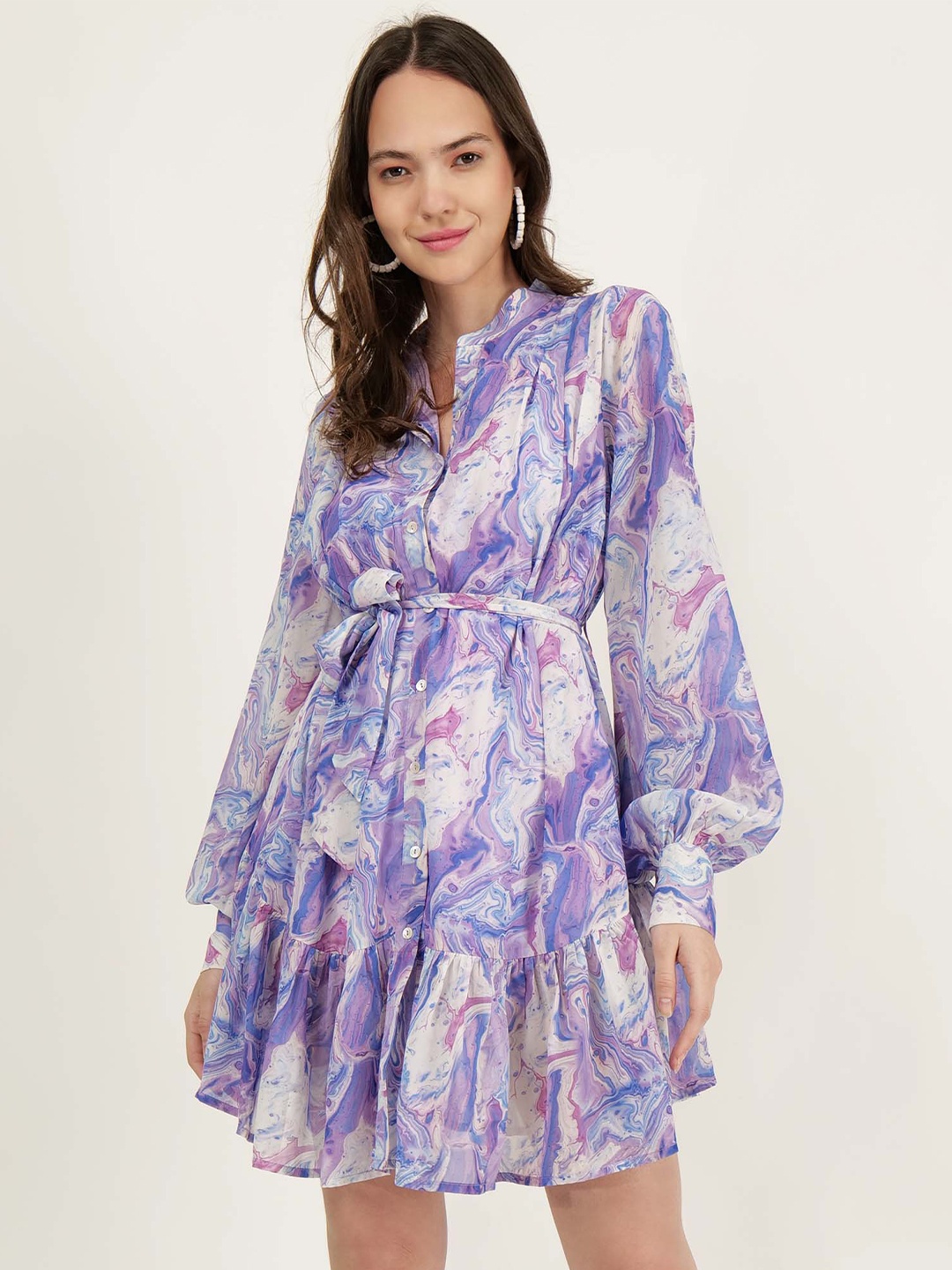 

DRIRO Floral Printed Mandarin Collar Puff Sleeve Belt Detail Fit & Flare Dress, Multi
