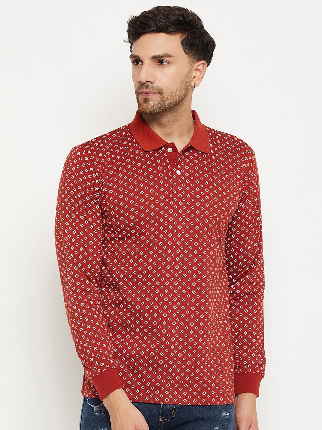 

WILD WEST Graphic Printed Polo Collar Long Sleeves Cotton T-shirt, Rust