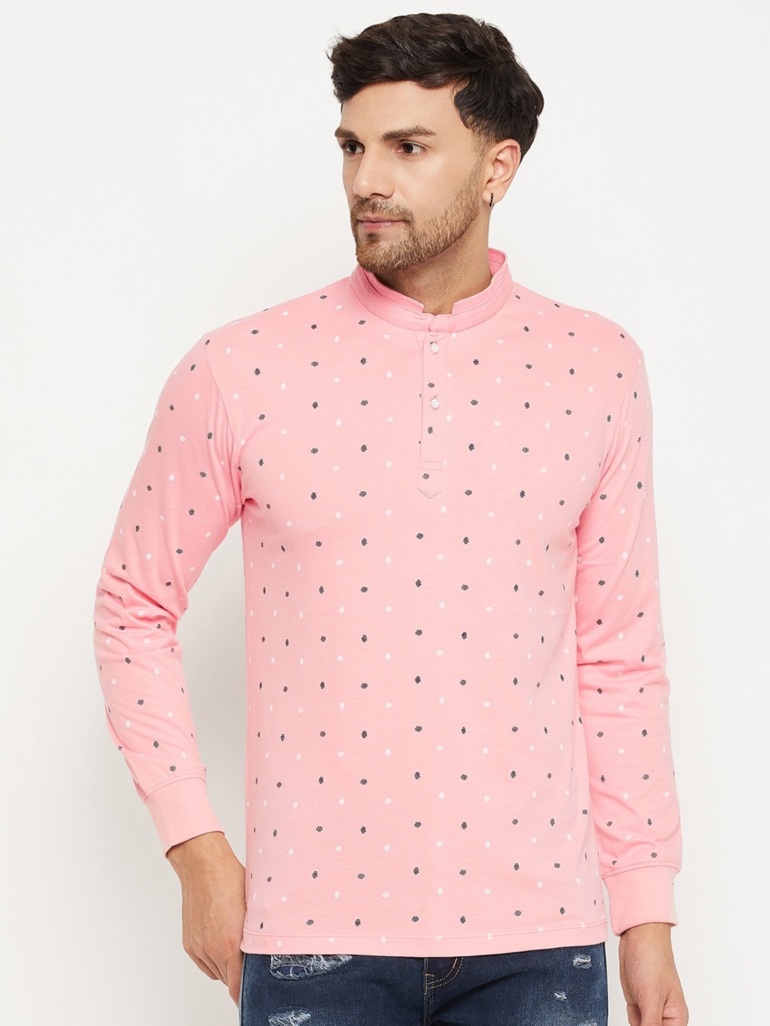 

WILD WEST Printed Mandarin Collar Cotton T-shirt, Pink
