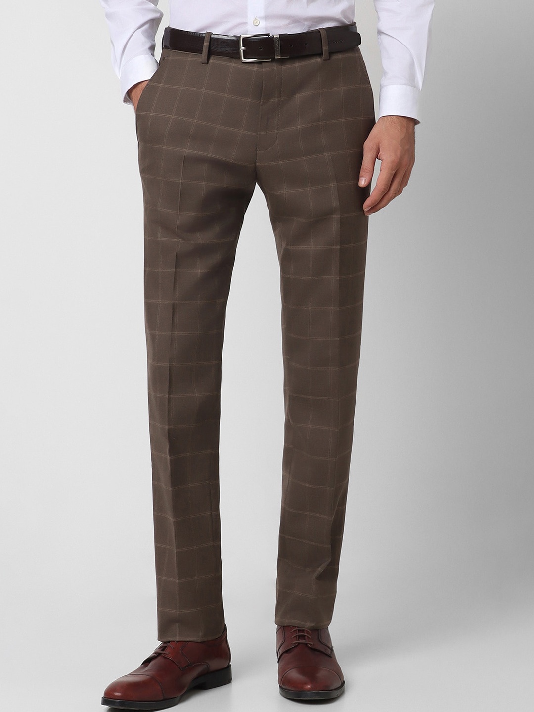 

Peter England Men Checked Slim Fit Formal Trousers, Brown