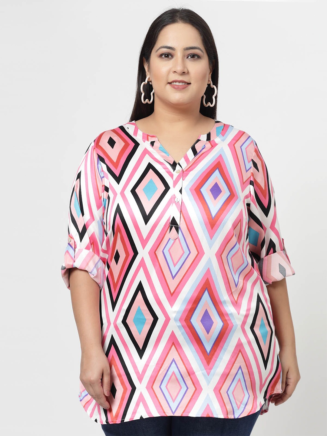 

plusS Pink Plus Size Geometric Printed Mandarin Collar Long Sleeves Longline Tops