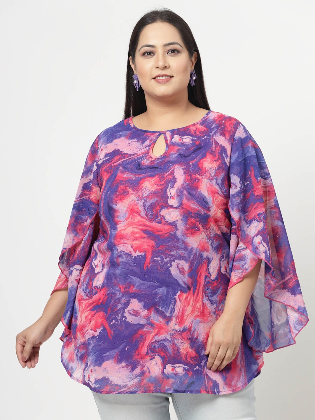 

plusS Plus Size Abstract Printed Keyhole Neck Flared Sleeves Top, Purple