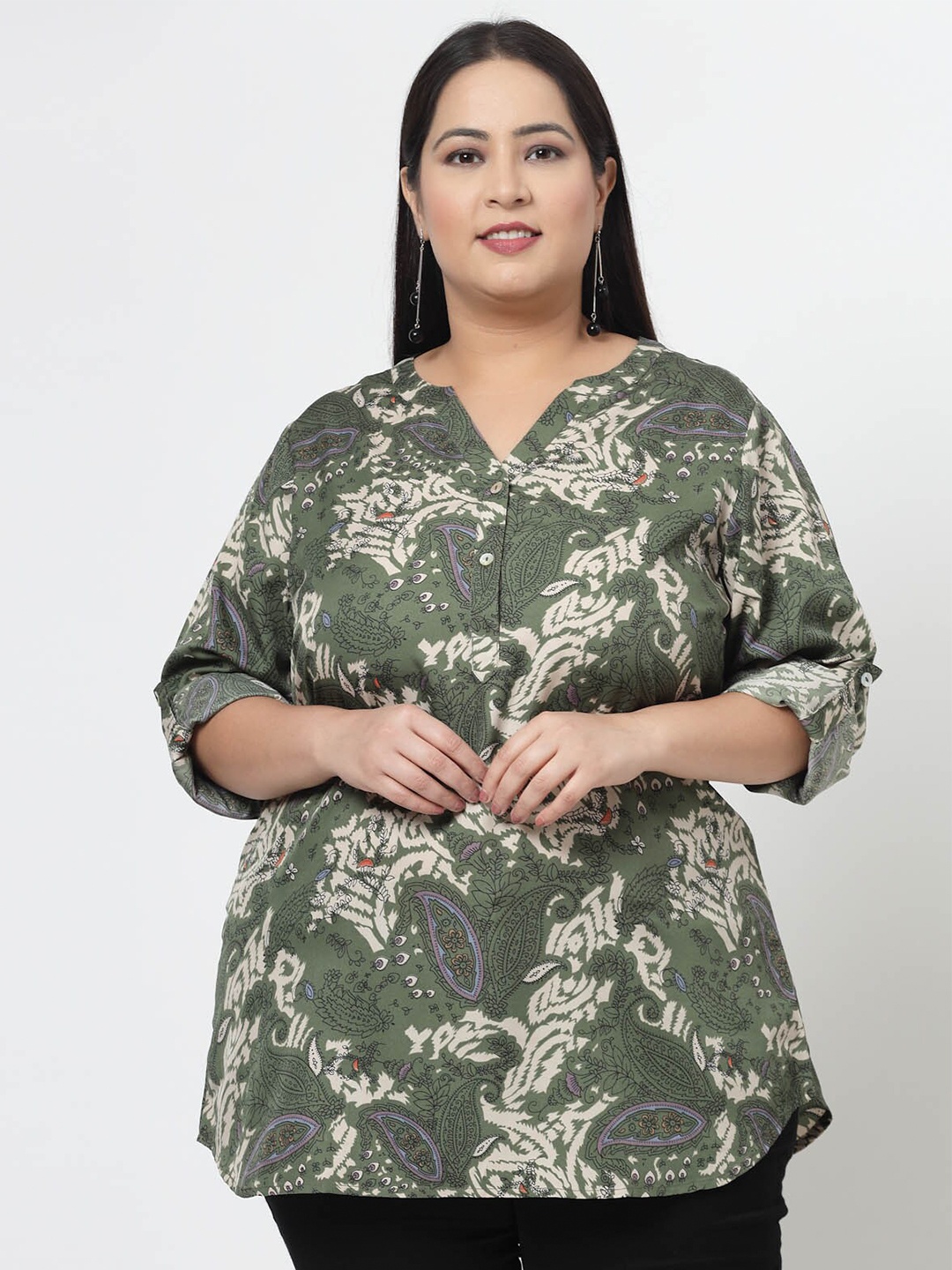 

plusS Plus Size Floral Printed Mandarin Collar Roll-Up Sleeves Top, Olive