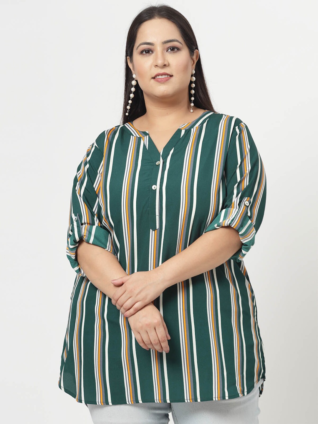

plusS Green Plus Size Vertical Stripes Mandarin Collar Long Sleeves Longline Tops