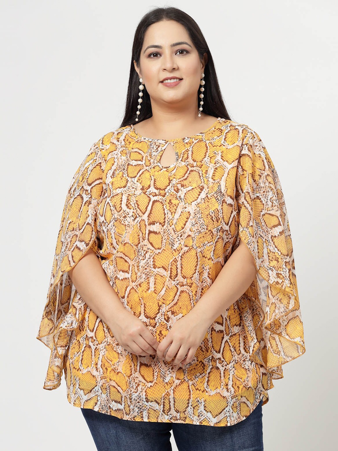 

plusS Mustard Yellow Plus Size Animal Printed Keyhole Neck Slit Sleeve Longline Tops