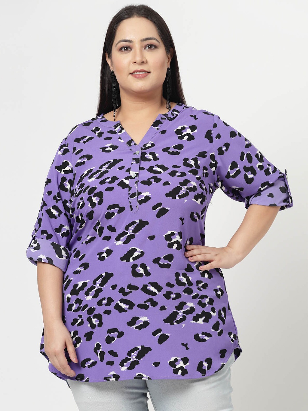 

plusS Purple Abstract Printed Mandarin Collar Roll-Up Sleeves Longline Top