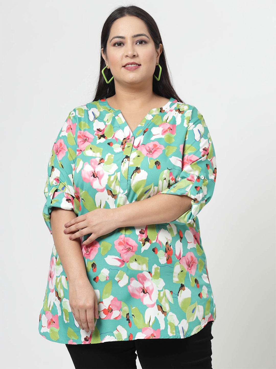

plusS Sea Green Floral Printed Mandarin Collar Roll-Up Sleeves Longline Top