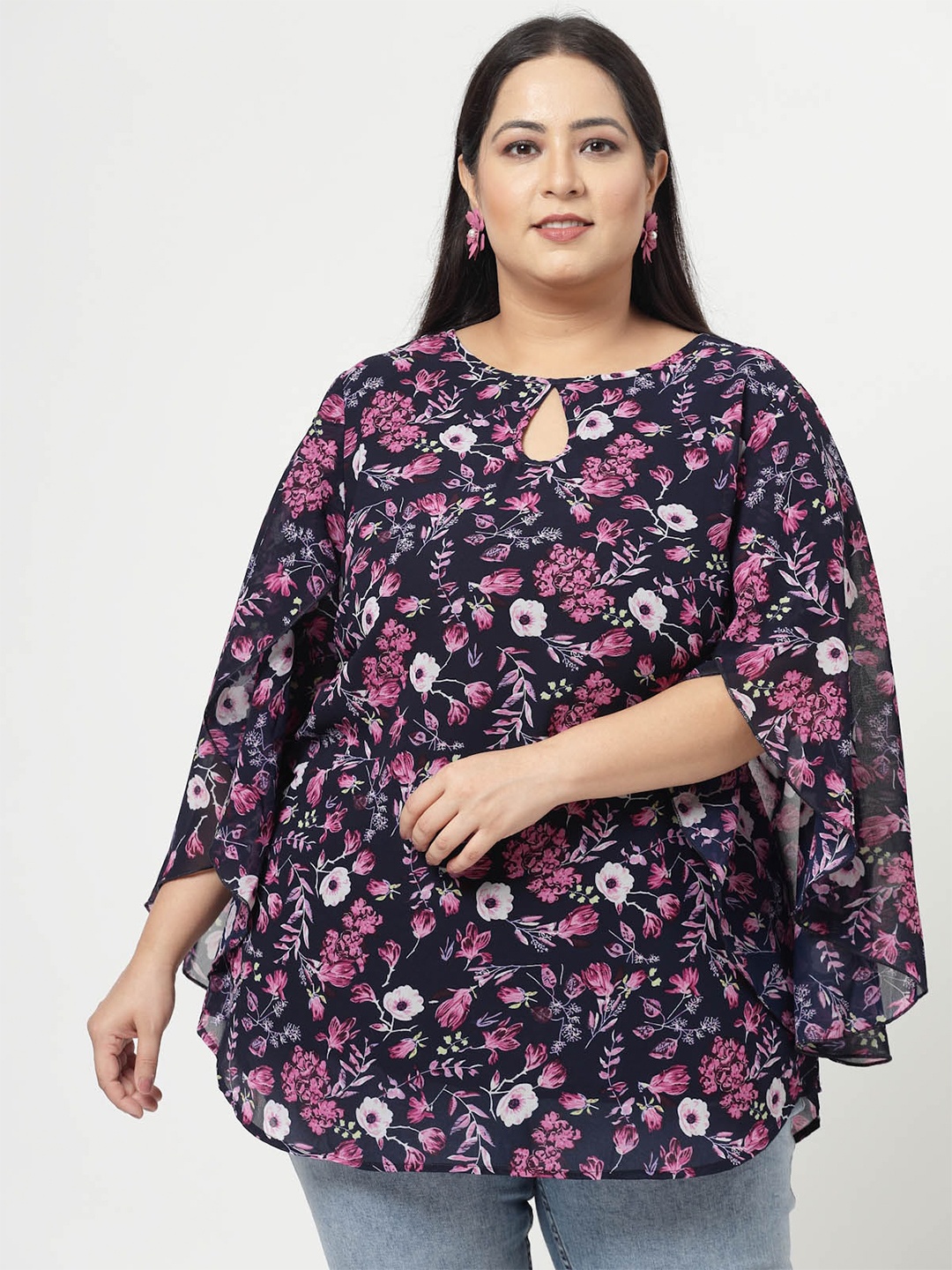 

plusS Navy Blue Floral Printed Keyhole Neck Flared Sleeves Longline Top