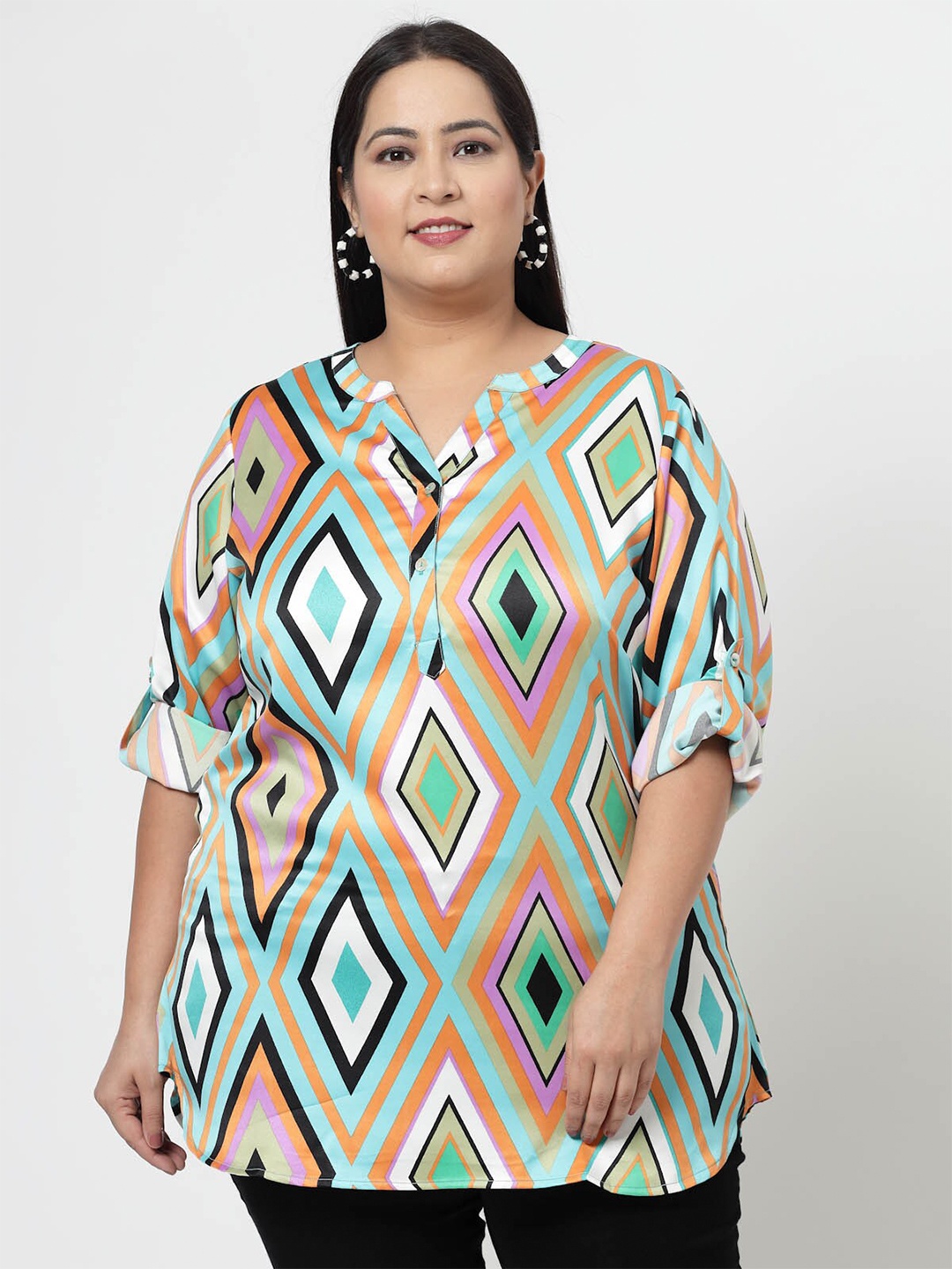 

plusS Sea Green Geometric Printed Mandarin Collar Roll-Up Sleeves Longline Top
