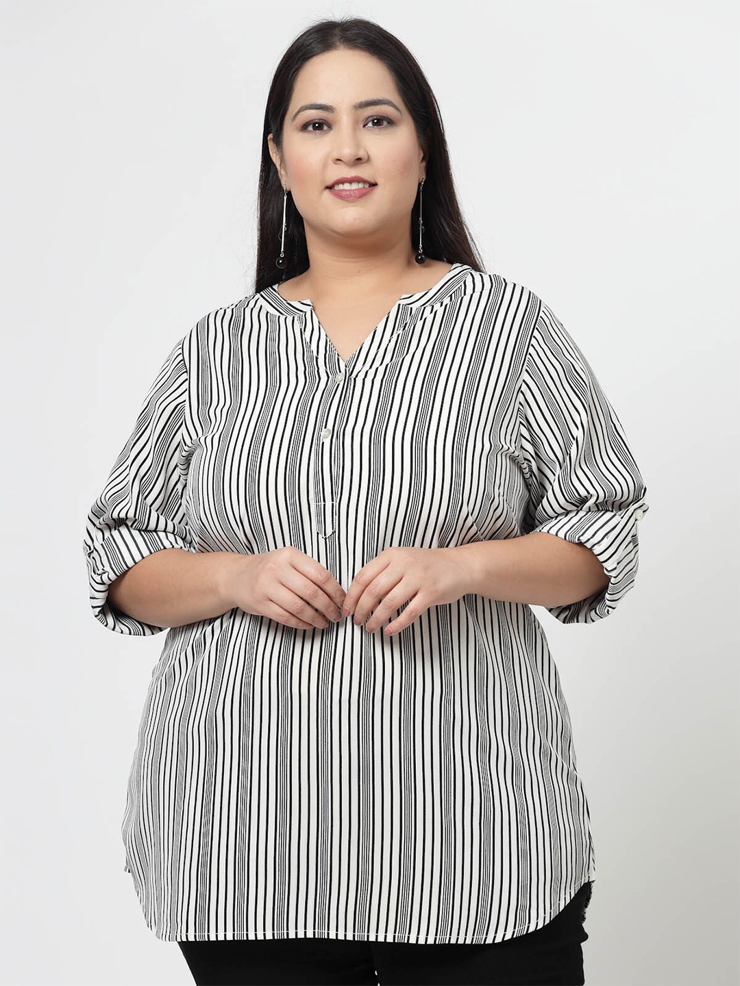 

plusS White Vertical Striped Mandarin Collar Roll-Up Sleeves Longline Top