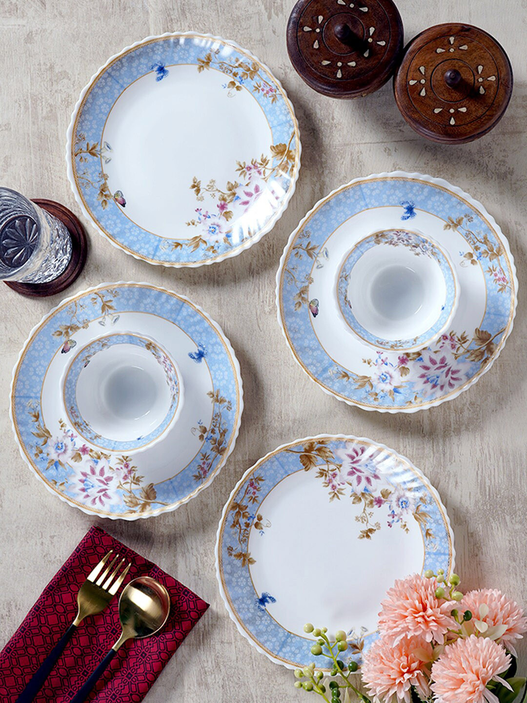 

CDI White & Blue 8 Pieces Printed Glass Glossy Dinner Set