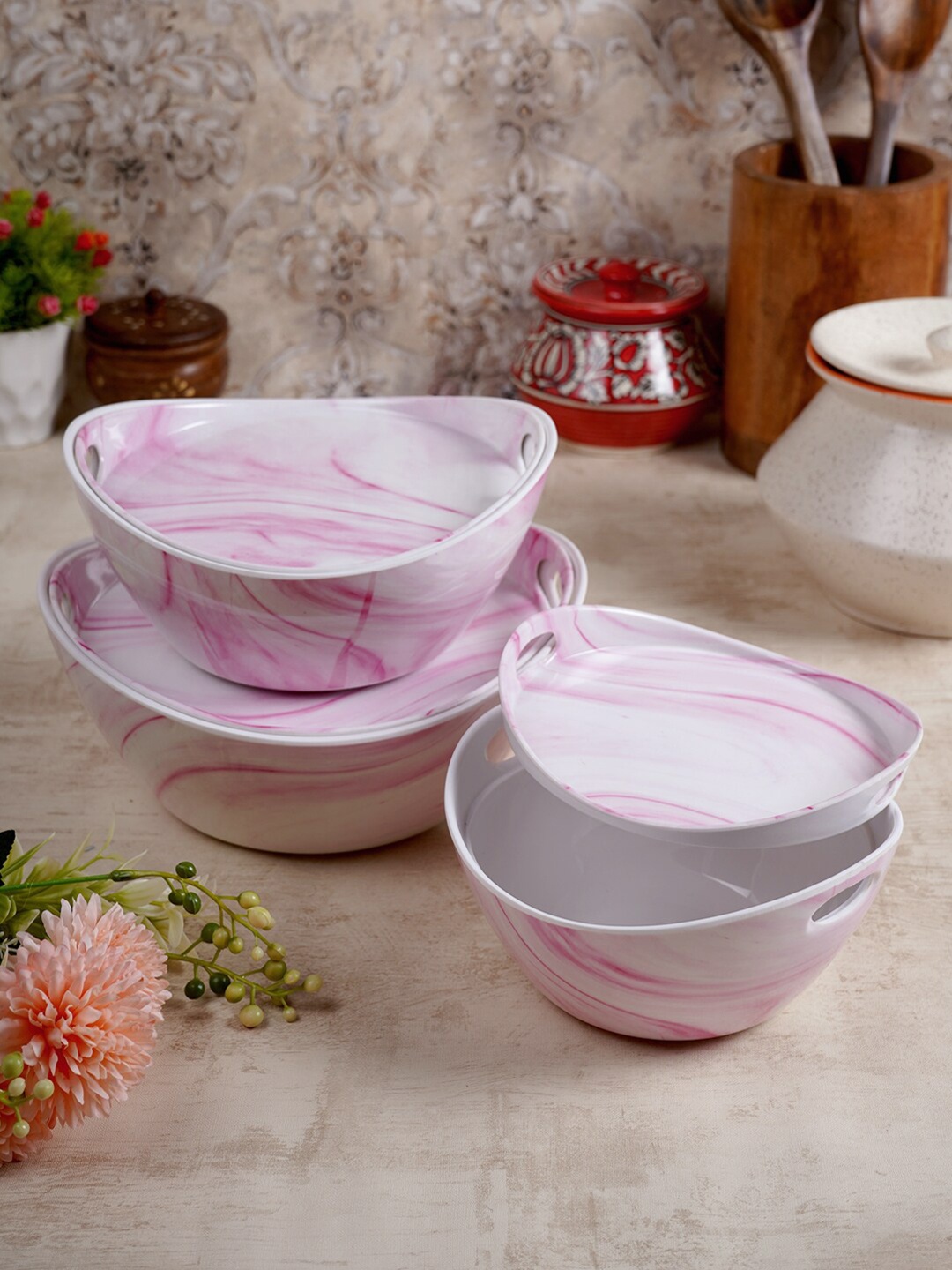 

CDI White & Pink 3 Pieces Printed Melamine Glossy Serving Bowls With Lid