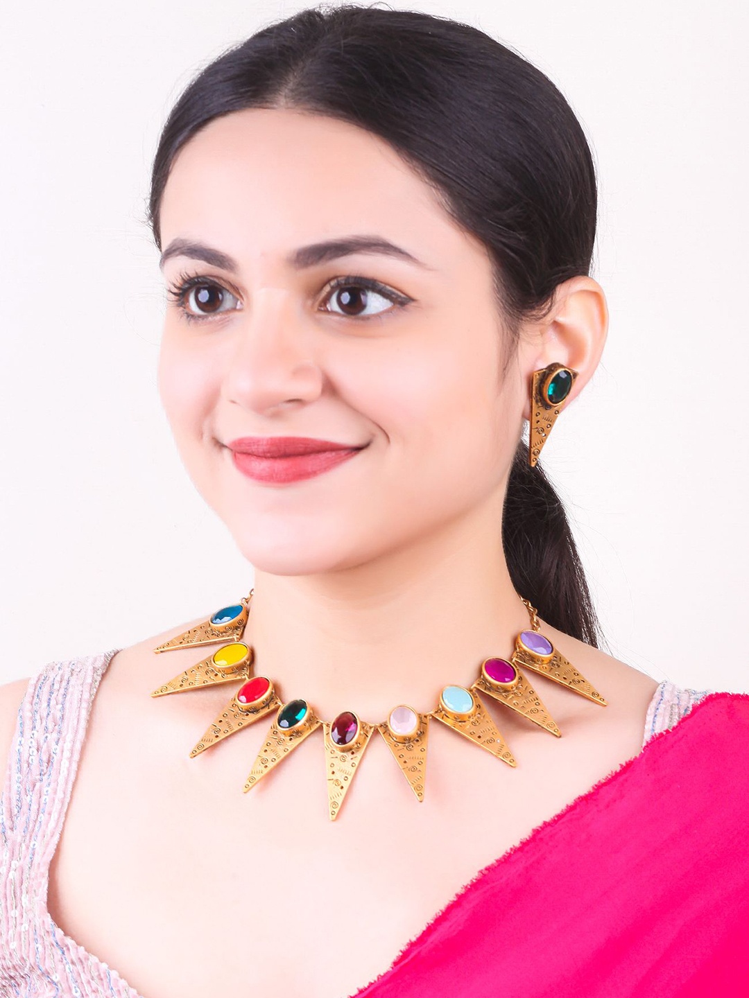 

GRIIHAM Gold-Plated Stones-Studded Necklace With Earrings