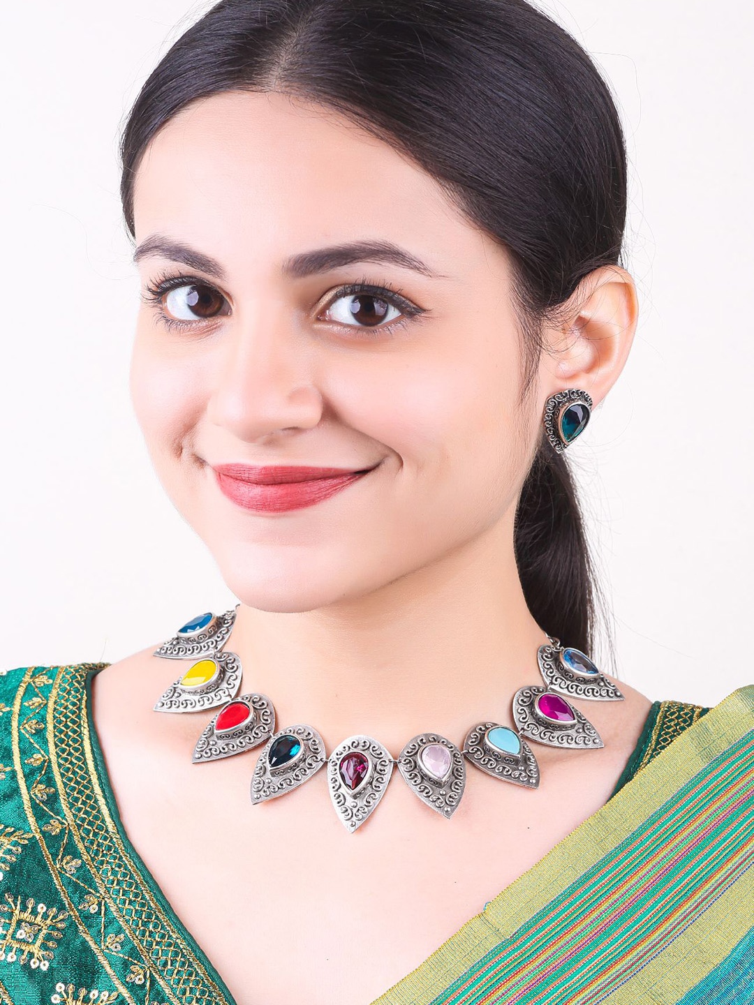 

GRIIHAM Silver-Plated Stone-Studded Jewellery Set