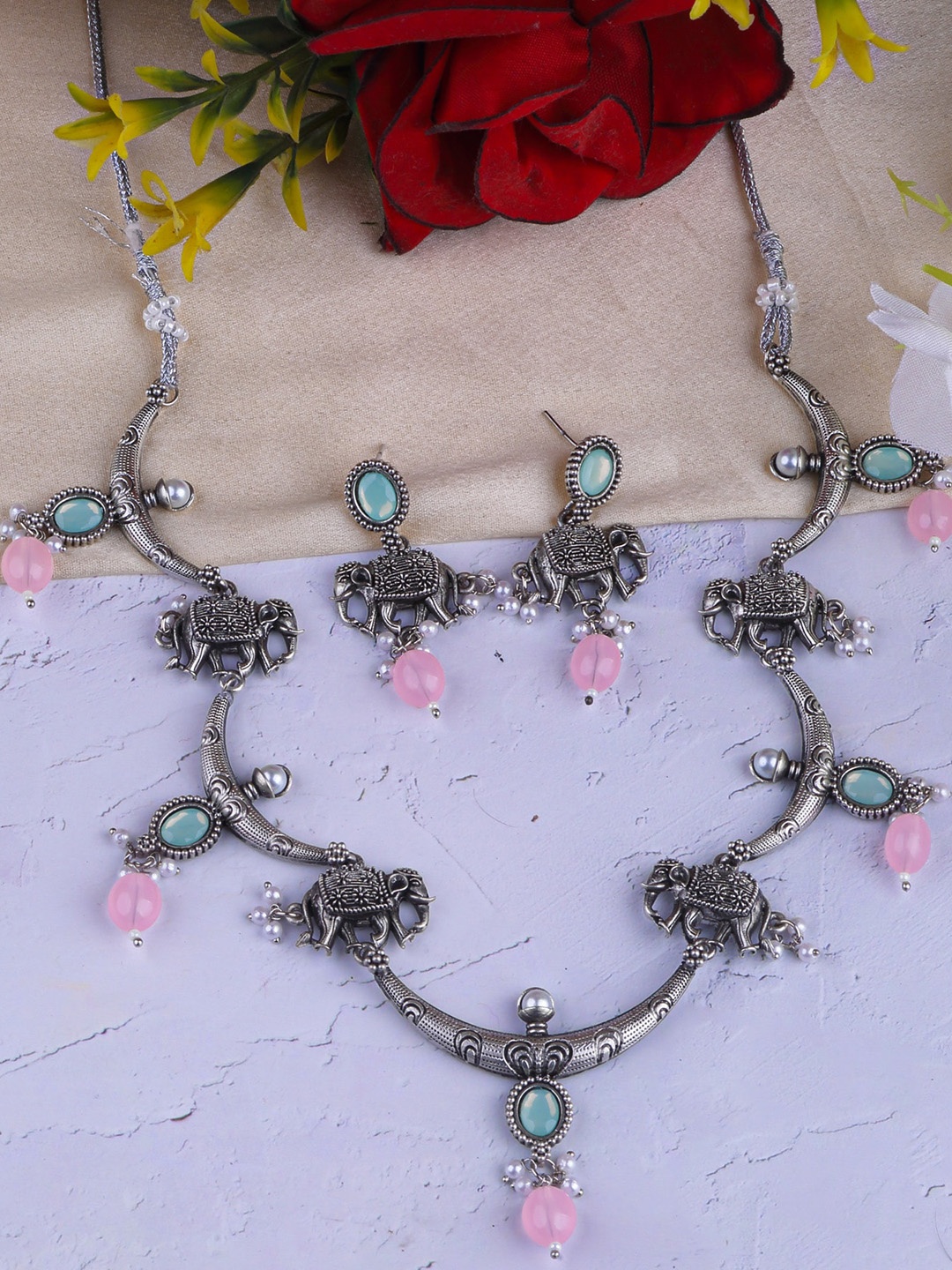 

GRIIHAM Silver-Plated Oxidised Beaded Jewellery Set