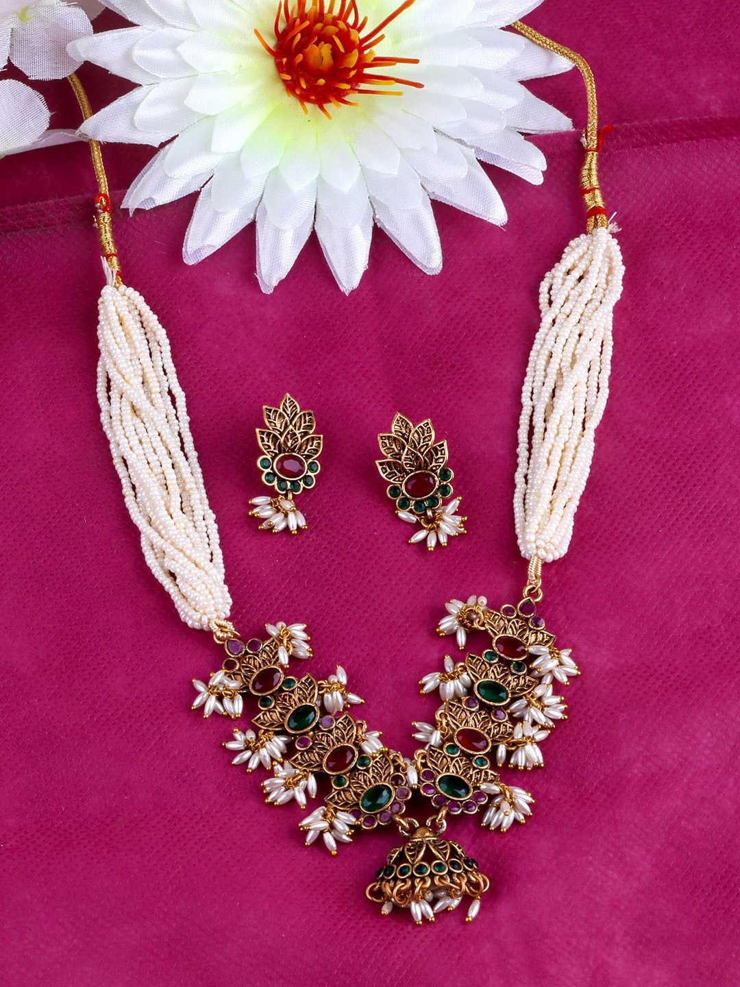 

GRIIHAM Gold-Plated Stone-Studded & Beaded Jewellery Set