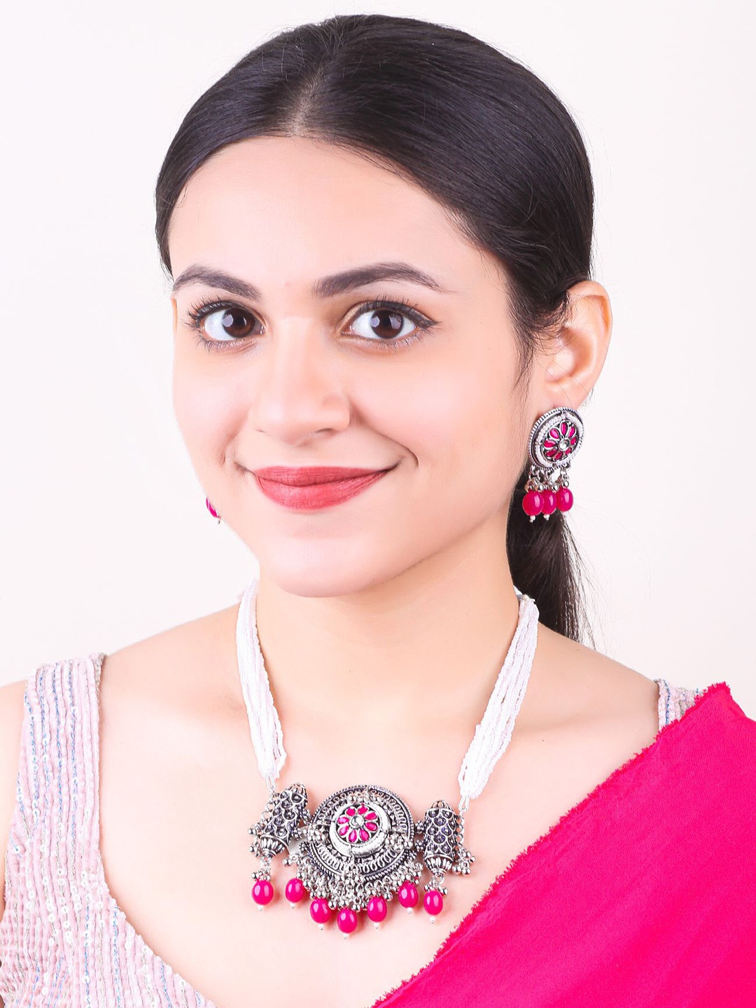 

GRIIHAM Silver-Plated Stone-Studded & Beads Beaded Oxidised Necklace With Earrings